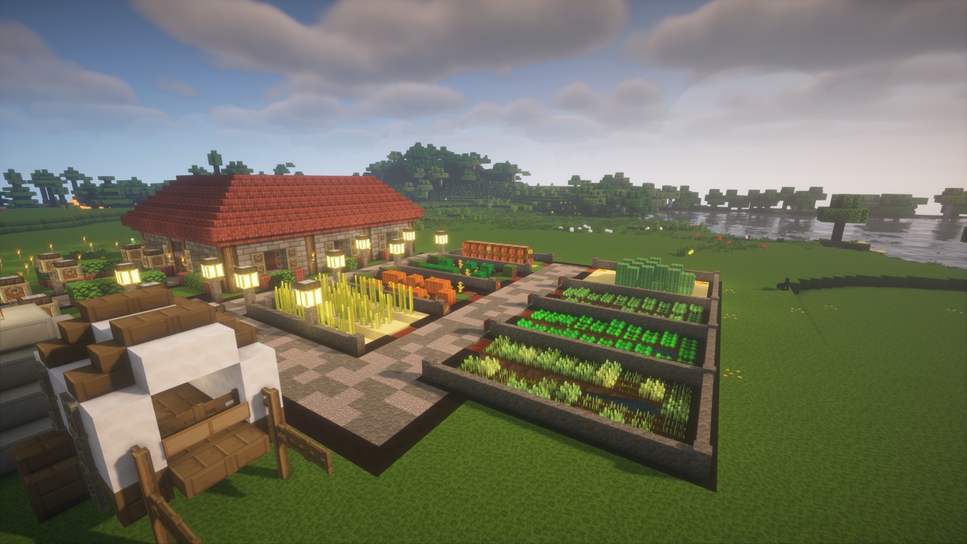 Minecraft road and market area on KnightByte Network SMP